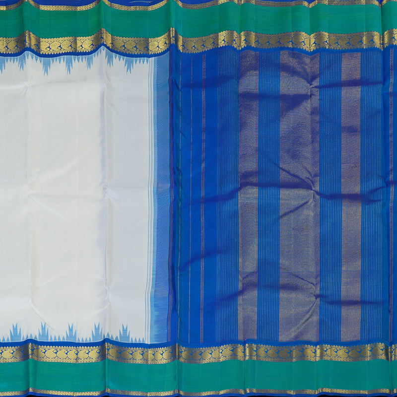 Hayagrivas White Kanjivaram Silk Saree with Dark Blue and Sea Green Retta Pet Border BBD8D2-1