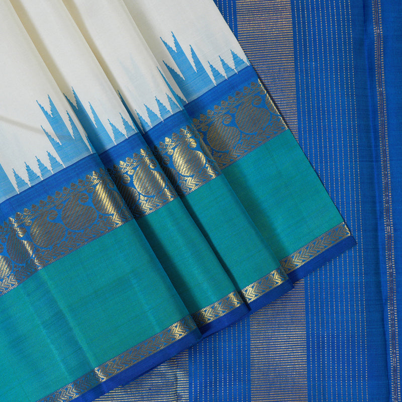 Hayagrivas White Kanjivaram Silk Saree with Dark Blue and Sea Green Retta Pet Border BBD8D2-1