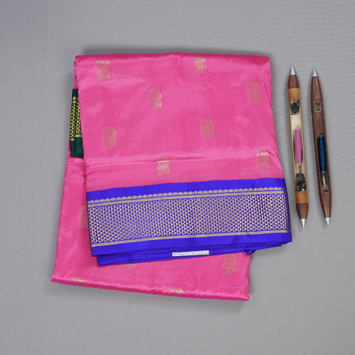 Hayagrivas Rose Pink Handloom Kanjivaram Ten Yards Silk Saree with Purplish Blue Border BBD909I1-2