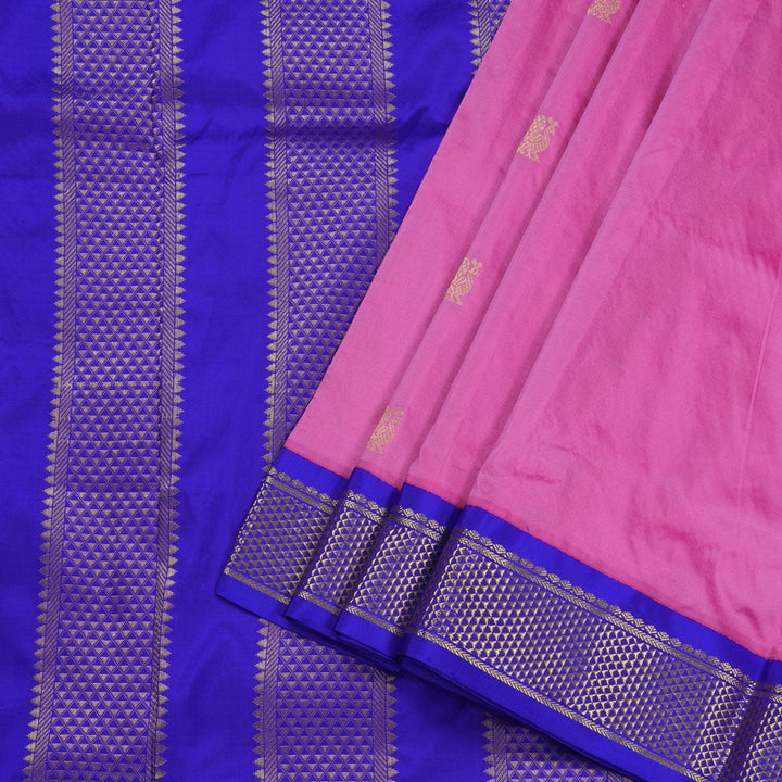 Hayagrivas Rose Pink Handloom Kanjivaram Ten Yards Silk Saree with Purplish Blue Border BBD909I1-2