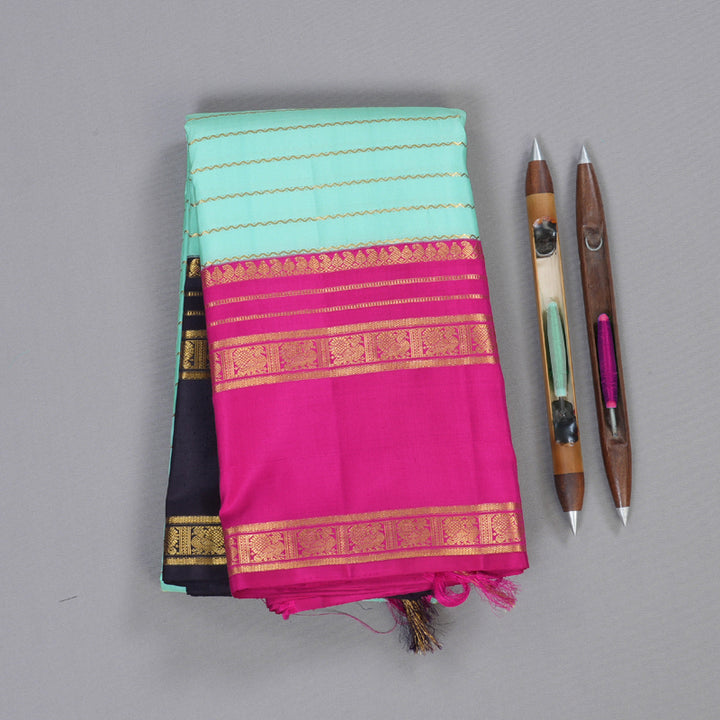 Hayagrivas Light Sea Green Kanjivaram Silk Saree with Pink And Plum Purple Border BBD941J2-1