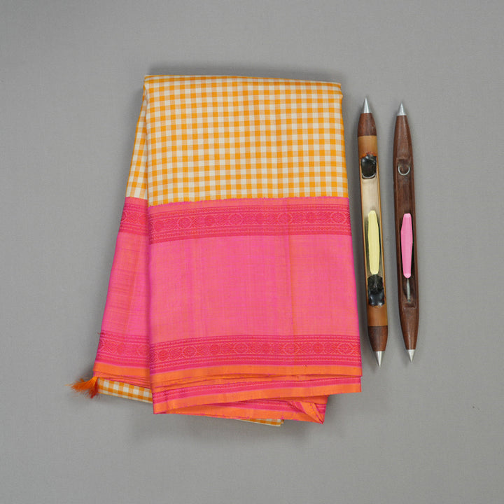 Hayagrivas Handloom Pure Kanjivaram Silk Saree in Tranquil White With Yellow Checks BBD943J4-1