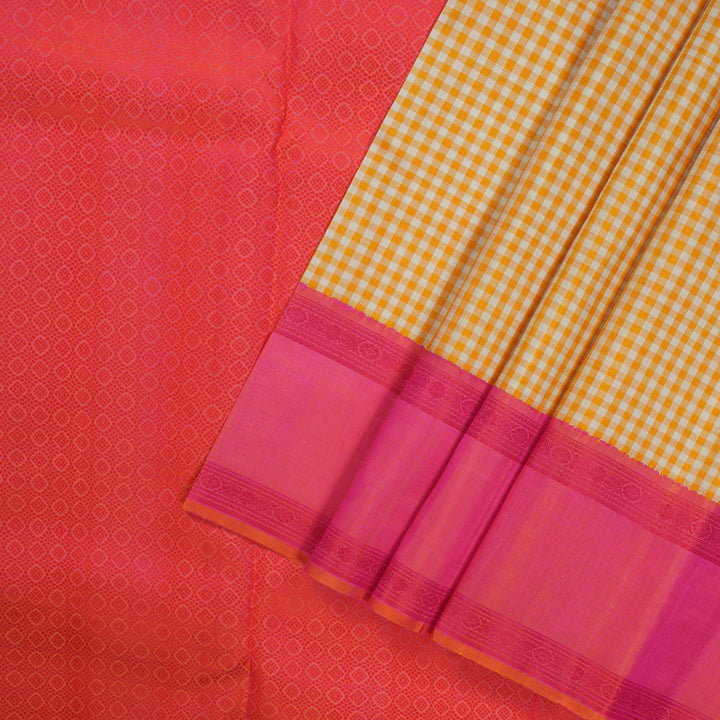 Hayagrivas Handloom Pure Kanjivaram Silk Saree in Tranquil White With Yellow Checks BBD943J4-1