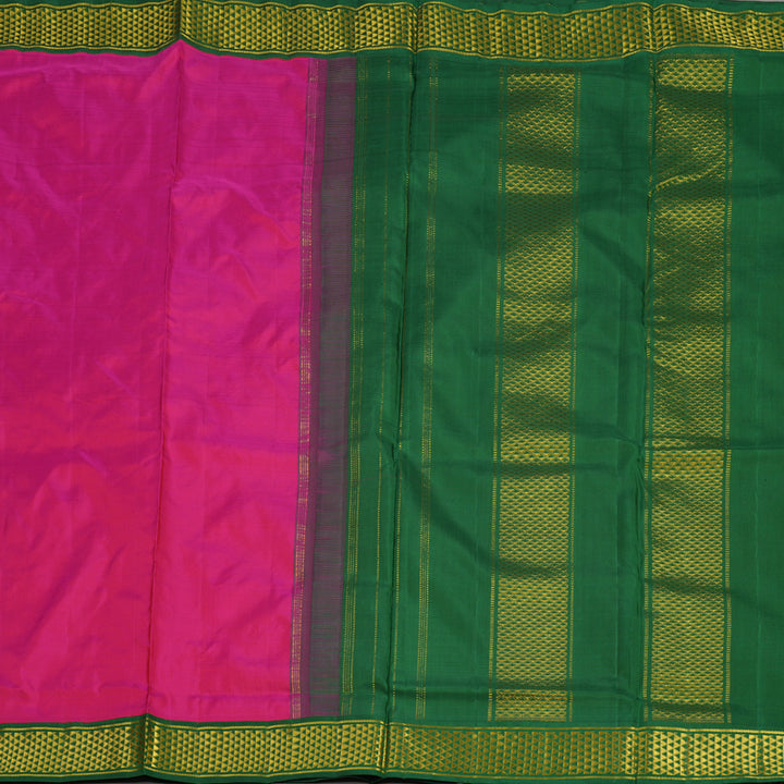Hayagrivas Handloom Rani Pink Ten Yards Kanjivaram Silk Saree with Dark Green Border BBD944J1-8