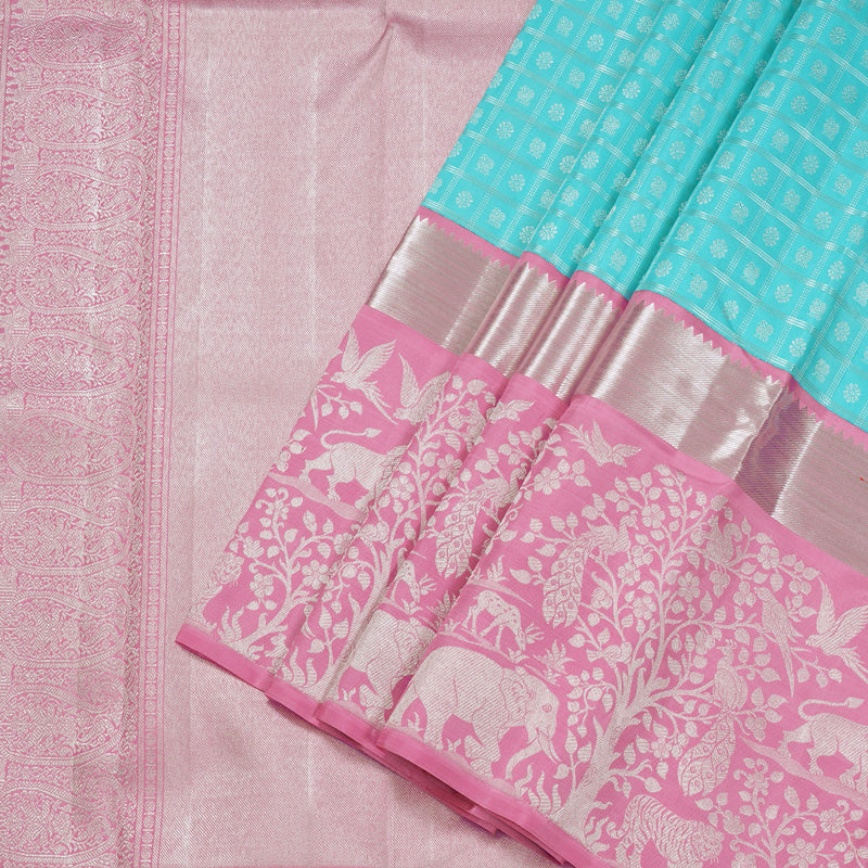 Hayagrivas Light Sky Blue Handloom Kanjivaram Silk Saree with Rose Pink Border BBD945J11-1