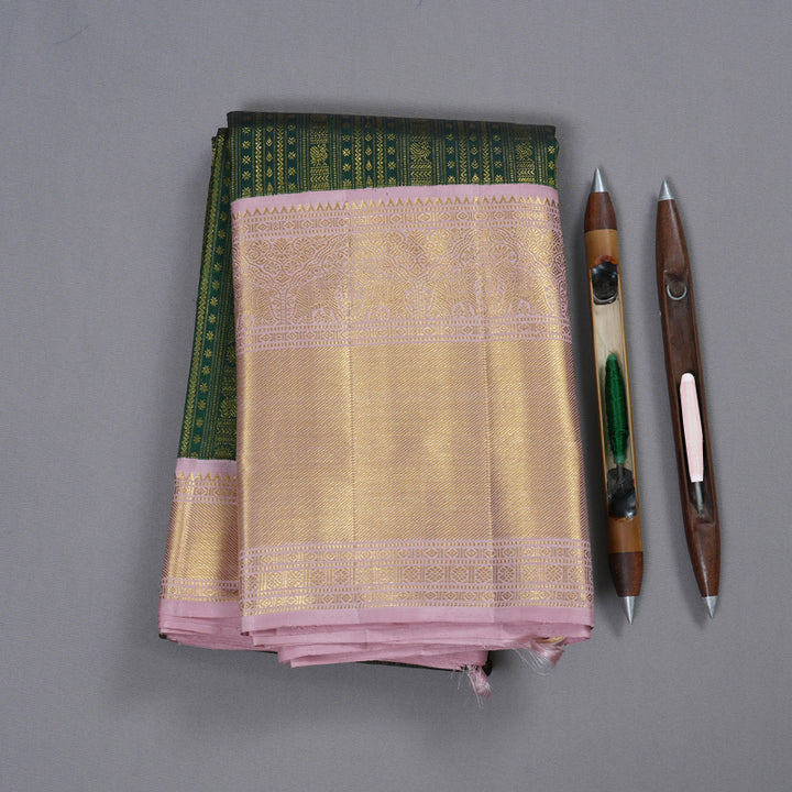 Hayagrivas Bottle Green Handloom Kanjivaram Silk Saree with Baby Pink Border BBD945J5-1