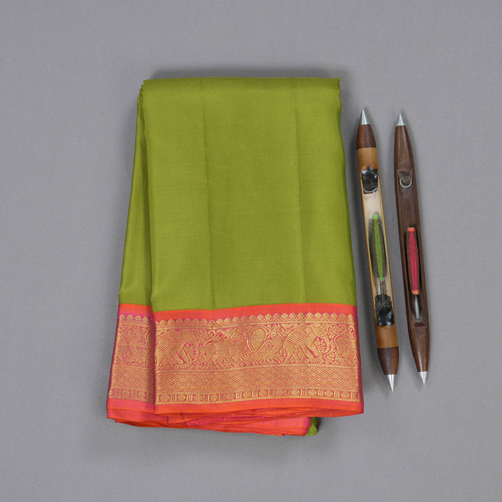 Hayagrivas Olive Green Handloom Kanjivaram Silk Saree with Orangish Pink Border BBD947J16-1