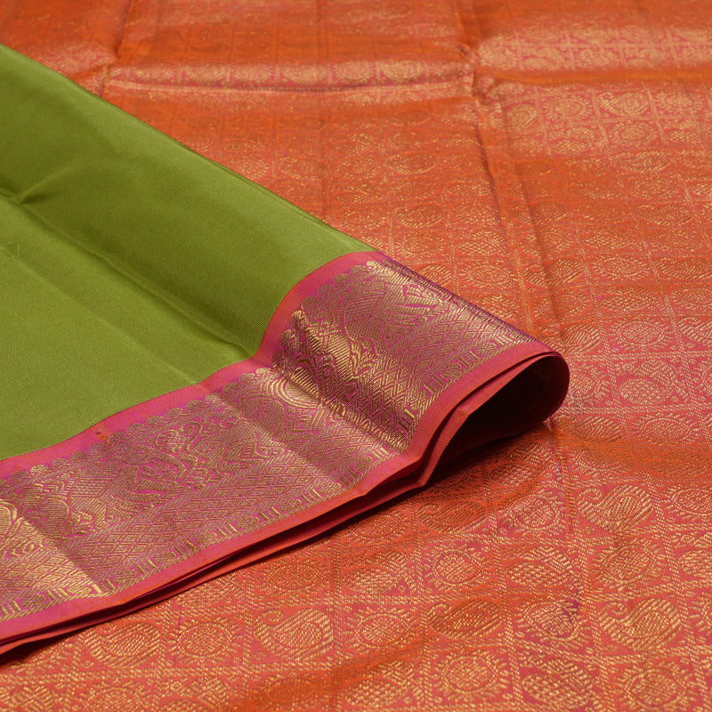 Hayagrivas Olive Green Handloom Kanjivaram Silk Saree with Orangish Pink Border BBD947J16-1