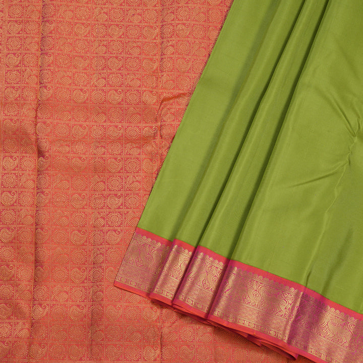 Hayagrivas Olive Green Handloom Kanjivaram Silk Saree with Orangish Pink Border BBD947J16-1