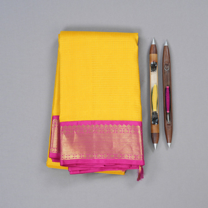 Hayagrivas Radiant Yellow Handloom Kanjivaram Silk Saree with Pink Border BBD947J17-1