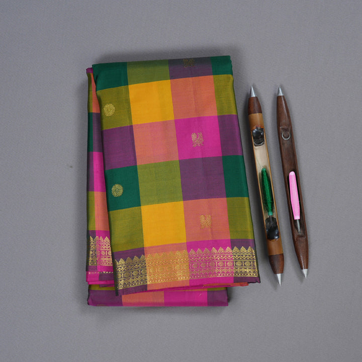 Hayagrivas Multi Color Checks Kanjivaram Silk Saree with Pink Border BBD947J3-2