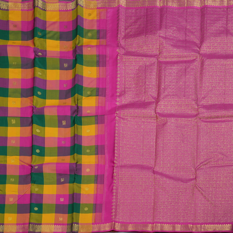 Hayagrivas Multi Color Checks Kanjivaram Silk Saree with Pink Border BBD947J3-2