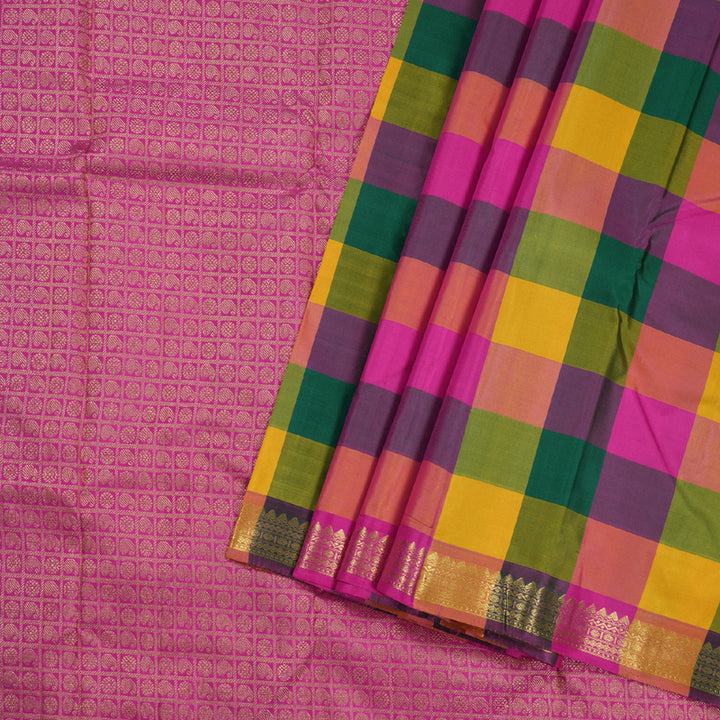 Hayagrivas Multi Color Checks Kanjivaram Silk Saree with Pink Border BBD947J3-2