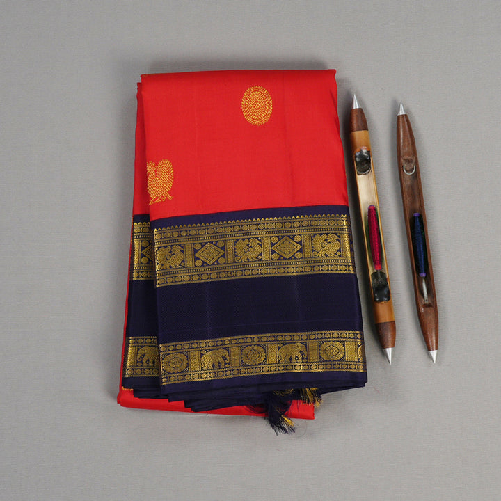 Hayagrivas Red Handloom Kanjivaram Silk Saree with Dark Blue Border BBD948J6-1