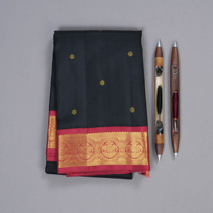 Hayagrivas Black Handloom Kanjivaram Silk Saree with Maroon Border BBD951J3-1