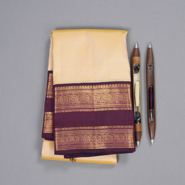 Hayagrivas Light Sandal Handloom Kanjivaram Silk Saree with Dark Purple Border BBD951J5-1