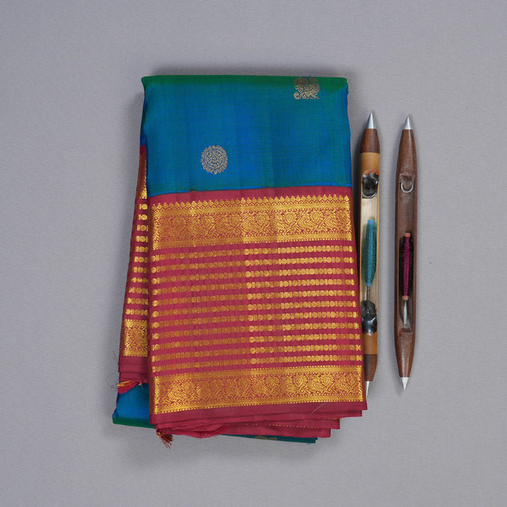 Hayagrivas Peacock Blue Handloom Kanjivaram Silk Saree with Maroon Border BBD951J6-1