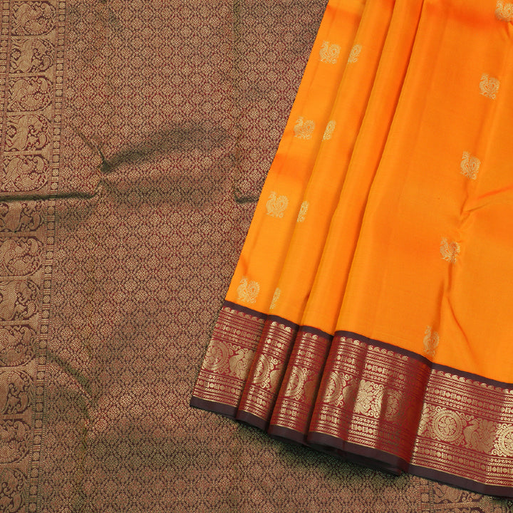 Hayagrivas Mango Yellow Handloom Kanjivaram Silk Saree with Wine Maroon Border BBD959J3-1