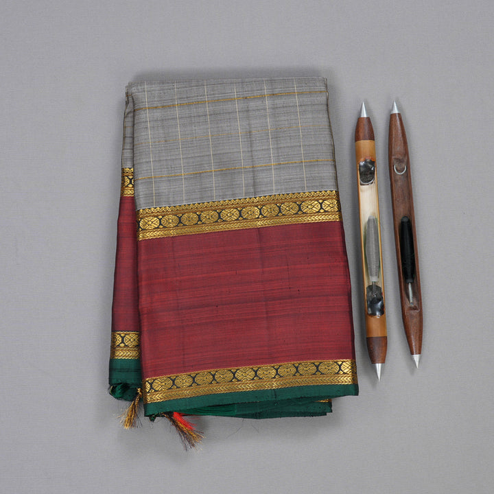 Hayagrivas Grey Handloom Kanjivaram Silk Saree with Retta Pet Wine Maroon Border BBD976J1-1