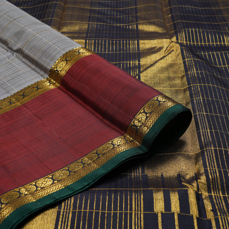 Hayagrivas Grey Handloom Kanjivaram Silk Saree with Retta Pet Wine Maroon Border BBD976J1-1