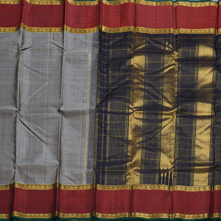 Hayagrivas Grey Handloom Kanjivaram Silk Saree with Retta Pet Wine Maroon Border BBD976J1-1