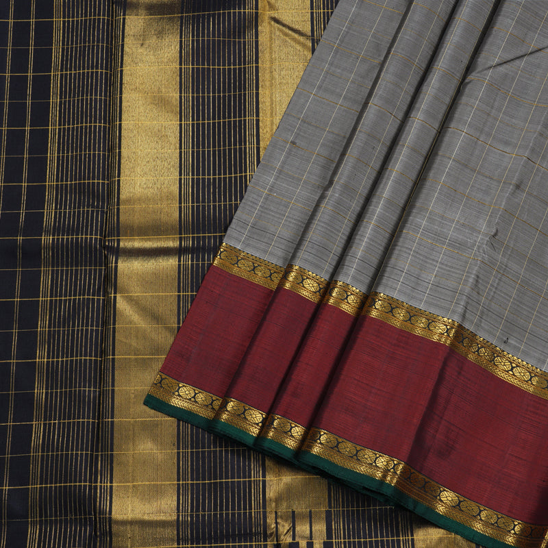 Hayagrivas Grey Handloom Kanjivaram Silk Saree with Retta Pet Wine Maroon Border BBD976J1-1