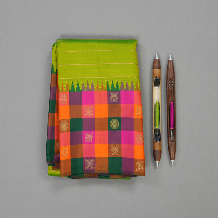 Hayagrivas Handloom Kanjivaram silk saree in Fluorescent green with multicolour Veldhari BBD984J3-1