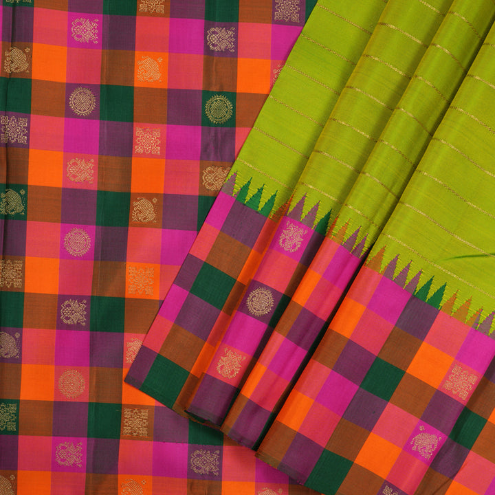 Hayagrivas Handloom Kanjivaram silk saree in Fluorescent green with multicolour Veldhari BBD984J3-1