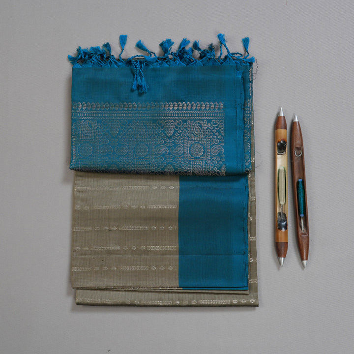 Hayagrivas Light Ash Grey Handloom Soft Silk Saree with Dark Sky Blue Border BBD98D2-7