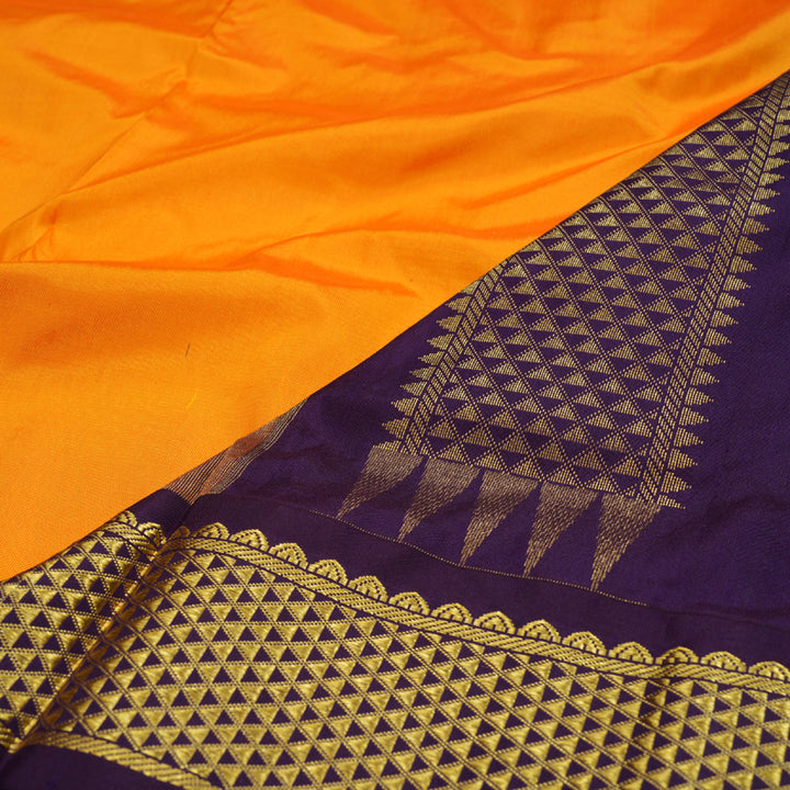 Hayagrivas Mango Yellow Ten Yards Silk Saree with Dark Purple Border BBD990J1-42