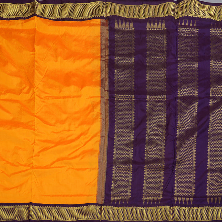 Hayagrivas Mango Yellow Ten Yards Silk Saree with Dark Purple Border BBD990J1-42