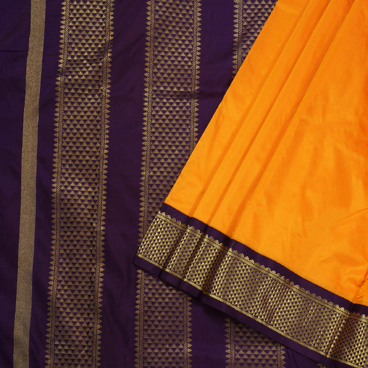 Hayagrivas Mango Yellow Ten Yards Silk Saree with Dark Purple Border BBD990J1-42