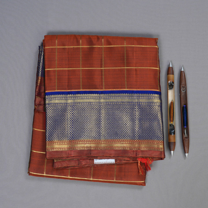 Hayagrivas Burnt Orange Handloom Kanjivaram Ten Yards Silk Saree with Blue Border BD317-SBS