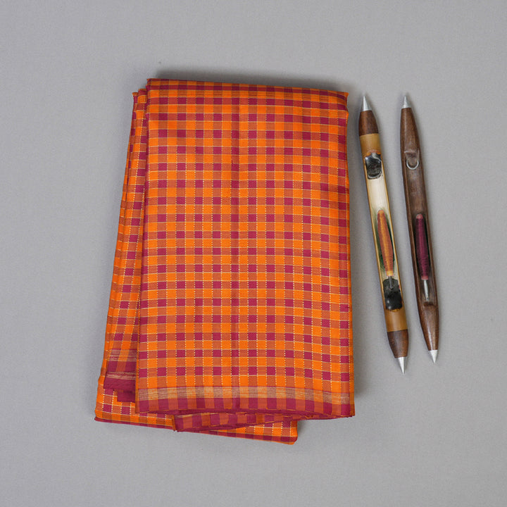 Hayagrivas Handloom Orange With Maroon Checks Kanjivaram Silk Saree BD426-SBS