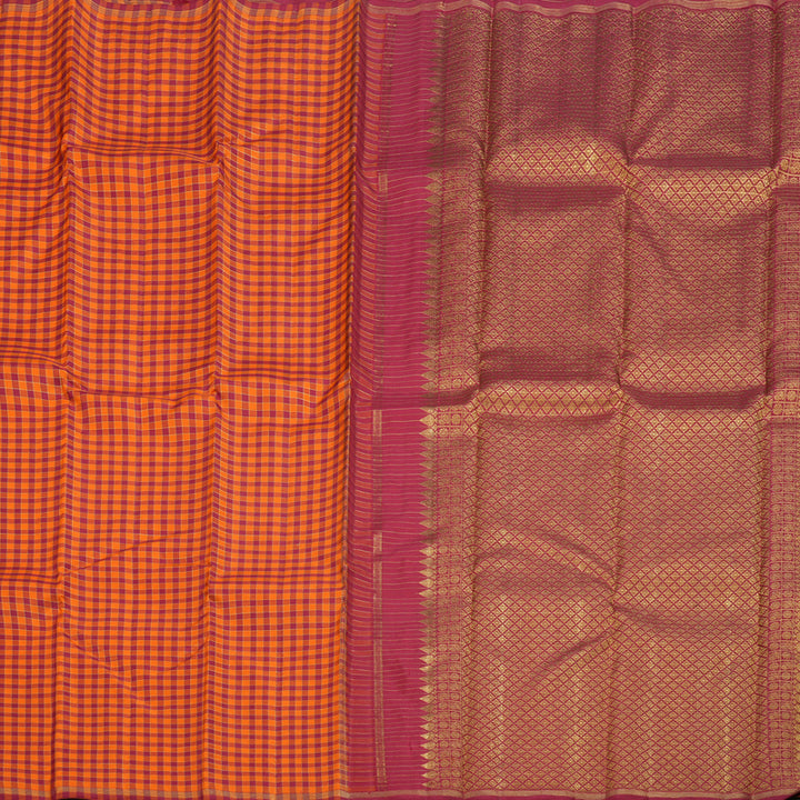 Hayagrivas Handloom Orange With Maroon Checks Kanjivaram Silk Saree BD426-SBS