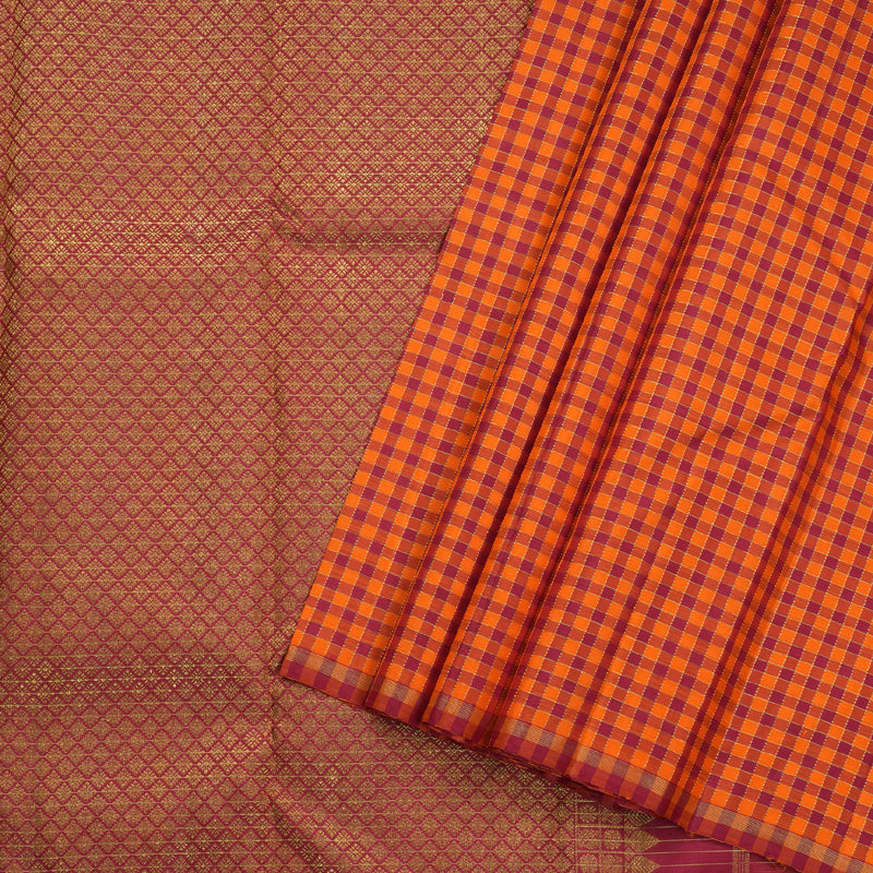 Hayagrivas Handloom Orange With Maroon Checks Kanjivaram Silk Saree BD426-SBS