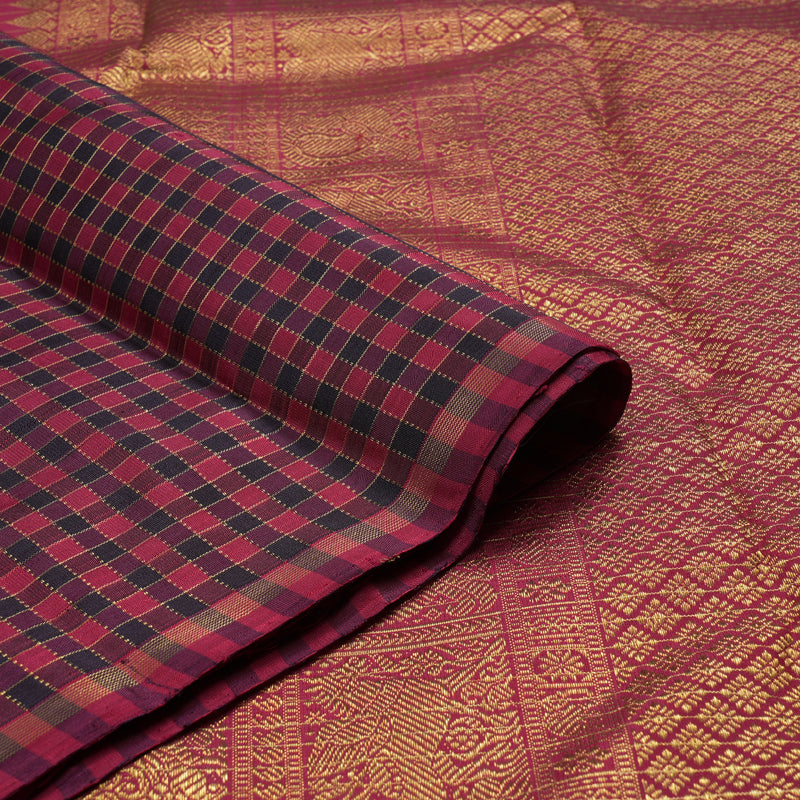 Hayagrivas Handloom Black With Maroon Checks Handloom Kanjivaram Silk Saree BD430-SBS