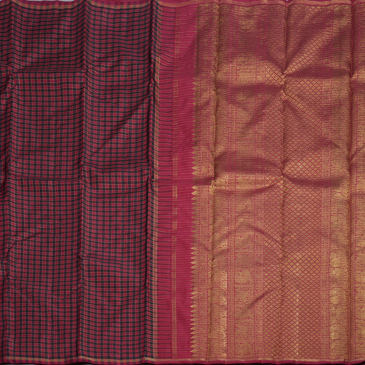 Hayagrivas Handloom Black With Maroon Checks Handloom Kanjivaram Silk Saree BD430-SBS