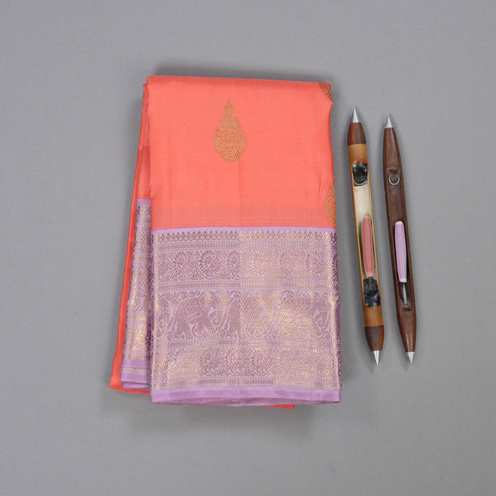 Hayagrivas Peach Pink Handloom Kanjivaram Silk Saree with Lavender Border BD443-SBS