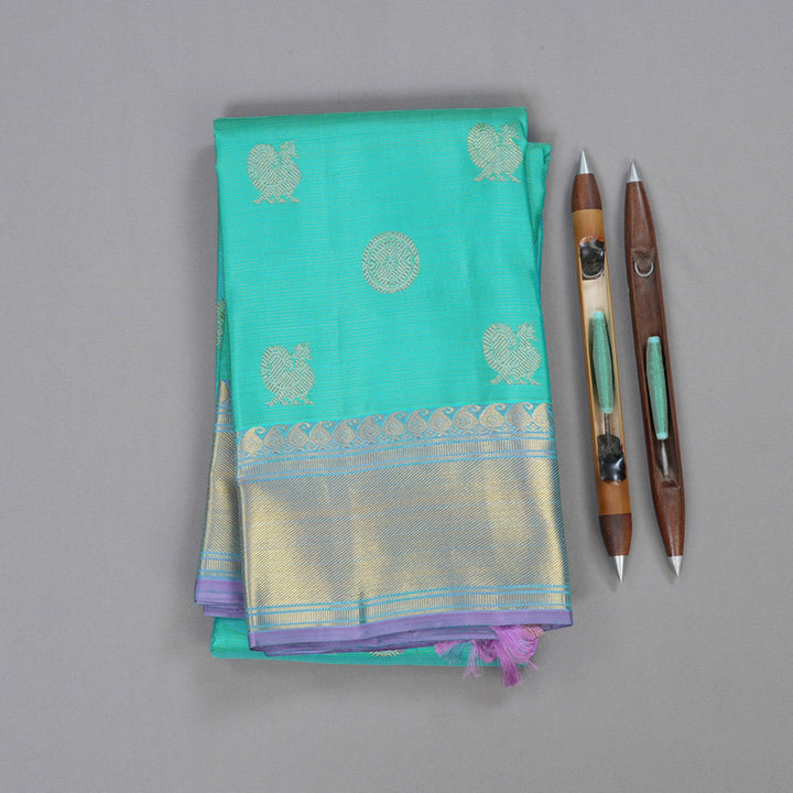 Hayagrivas Sea Blue Handloom Kanjivaram Silk Saree with Lavender Border BD451-SBS