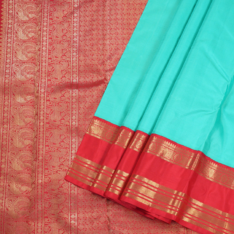 Hayagrivas Sea Blue Handloom Kanjivaram Silk Saree with Red Border BD462-SBS