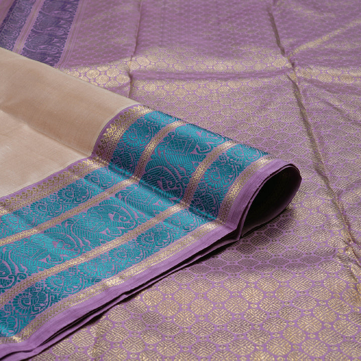 Hayagrivas Beige Handloom Kanjivaram Silk Saree with Lavender Border BD492-SBS