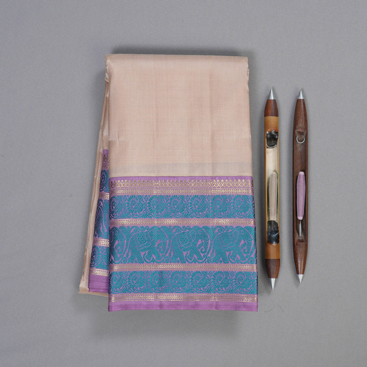 Hayagrivas Beige Handloom Kanjivaram Silk Saree with Lavender Border BD492-SBS