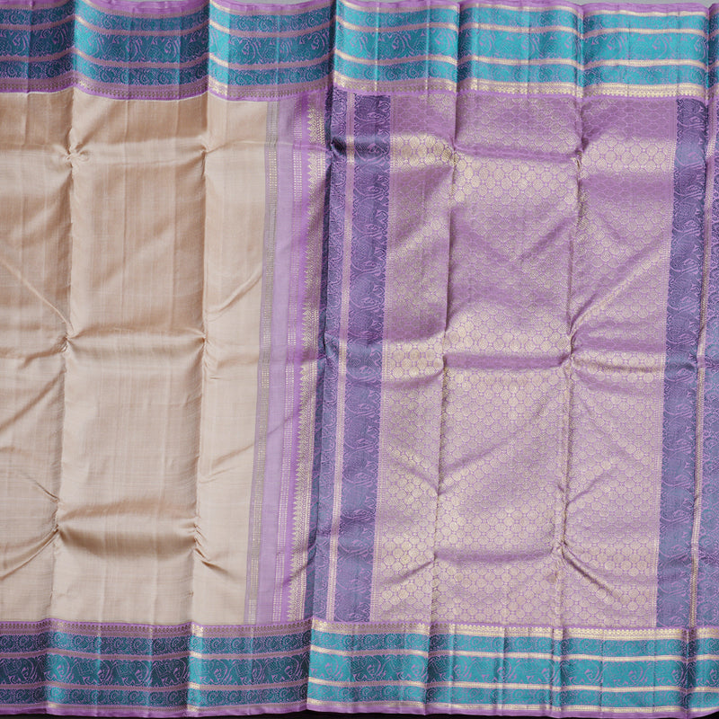 Hayagrivas Beige Handloom Kanjivaram Silk Saree with Lavender Border BD492-SBS