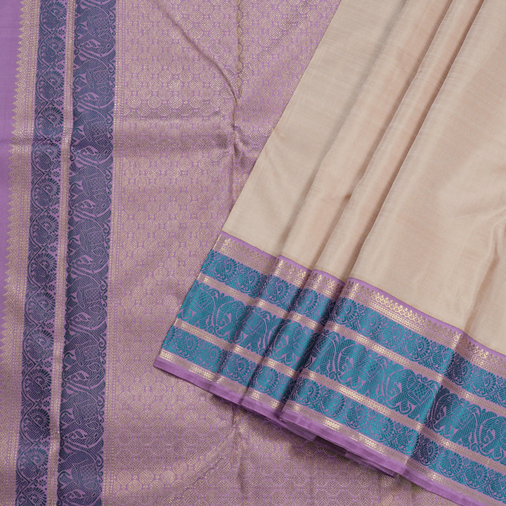 Hayagrivas Beige Handloom Kanjivaram Silk Saree with Lavender Border BD492-SBS