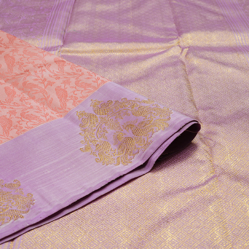 Hayagrivas Peach Pink Handloom Kanjivaram Silk Saree with Lavender Border BD496-SBS