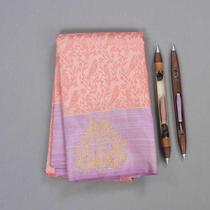 Hayagrivas Peach Pink Handloom Kanjivaram Silk Saree with Lavender Border BD496-SBS