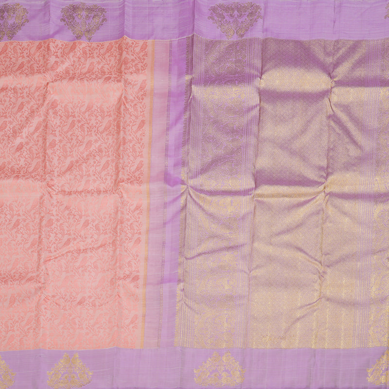 Hayagrivas Peach Pink Handloom Kanjivaram Silk Saree with Lavender Border BD496-SBS