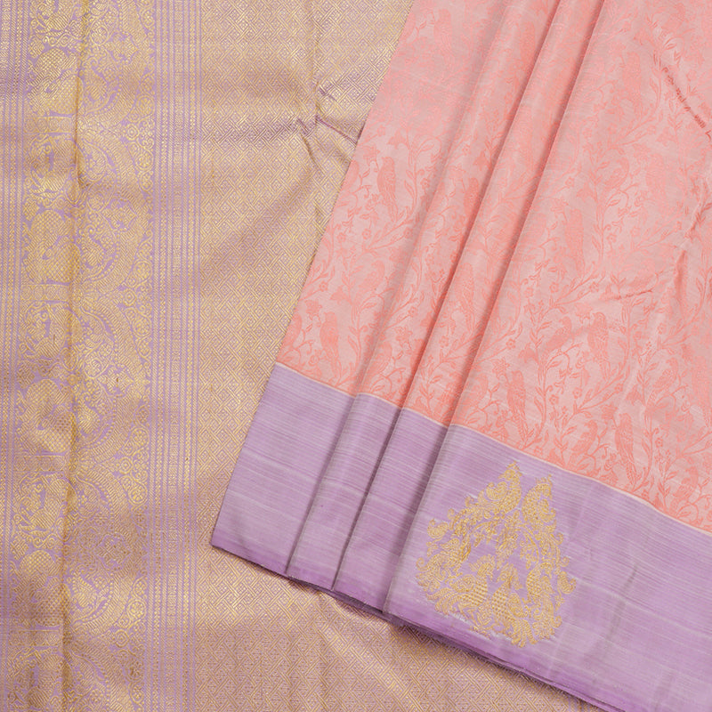 Hayagrivas Peach Pink Handloom Kanjivaram Silk Saree with Lavender Border BD496-SBS