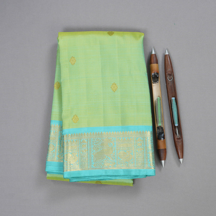 Hayagrivas Dual Tone (Green With Sea Blue) Handloom Kanjivaram Silk Saree with Sea Blue Border BD528-SBS